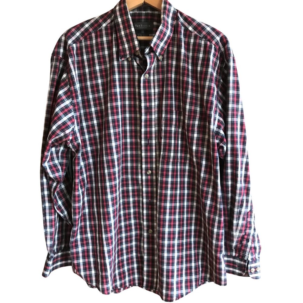 Van Heusen Long-Sleeved Men's Shirt, Lightweight Red White Black Plaid Size L